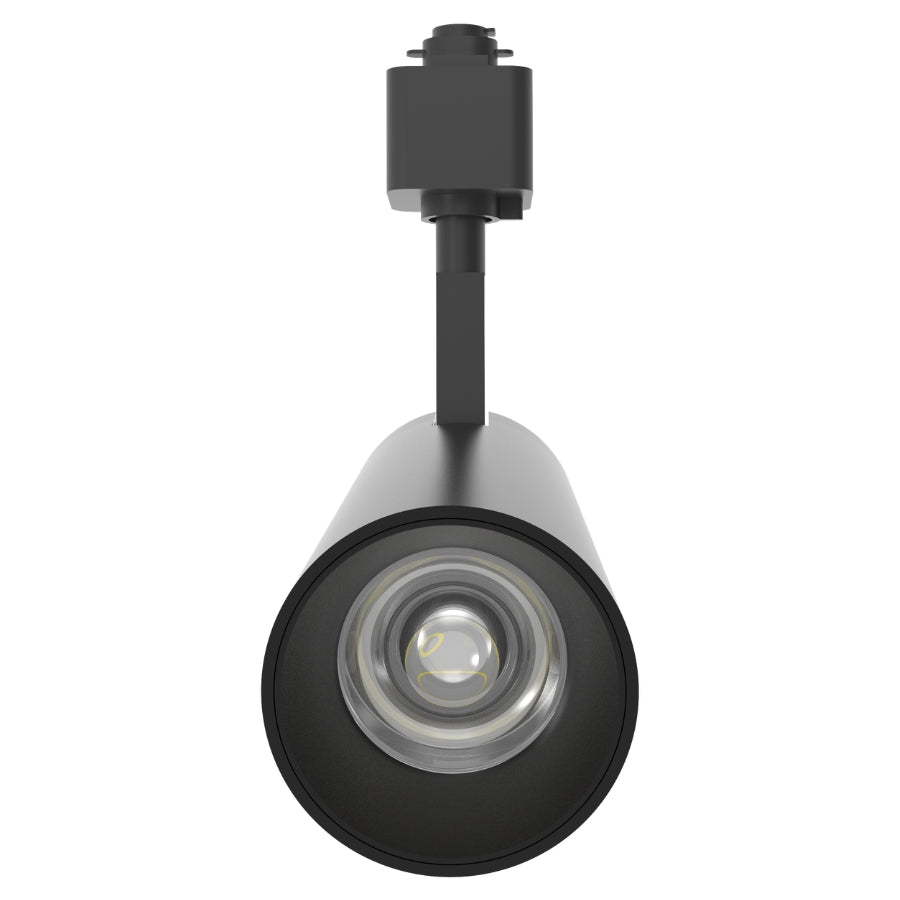 Front view of the black LED track light showcasing the precision optical lens and deep reflector for focused illumination.