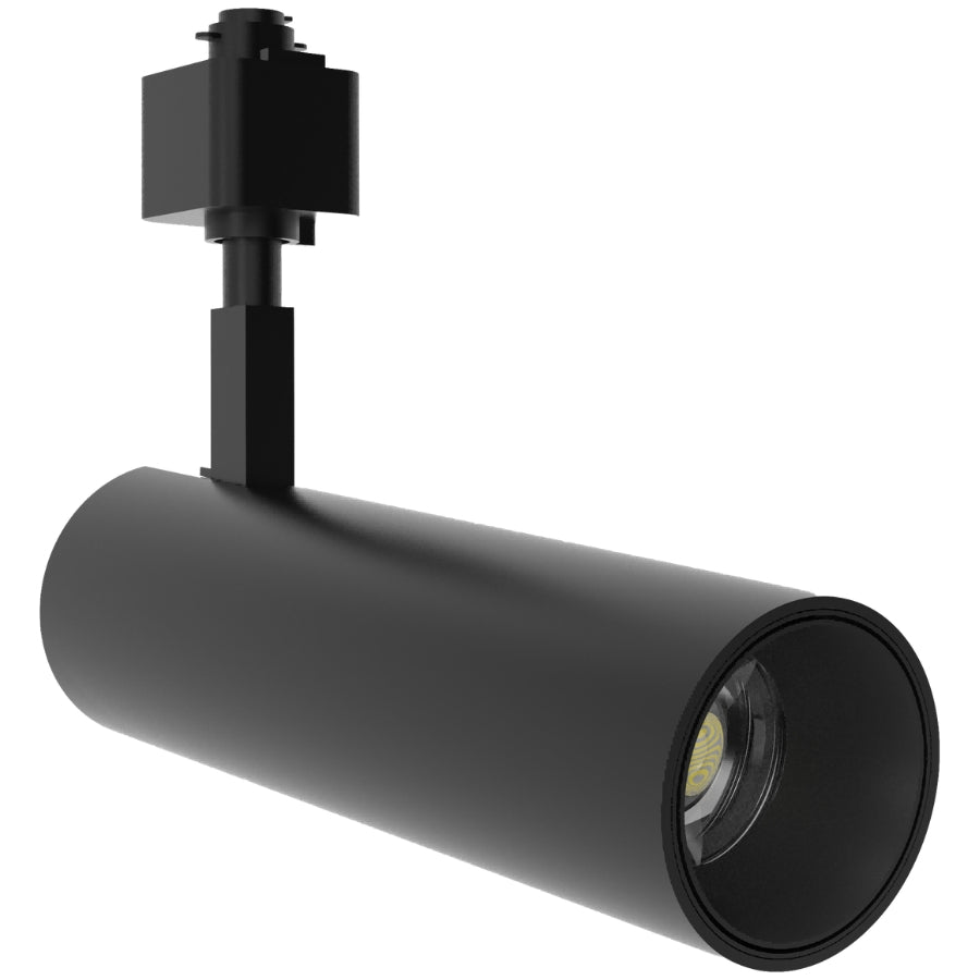 Angled side view of the cylindrical black LED track light with adjustable track mounting.