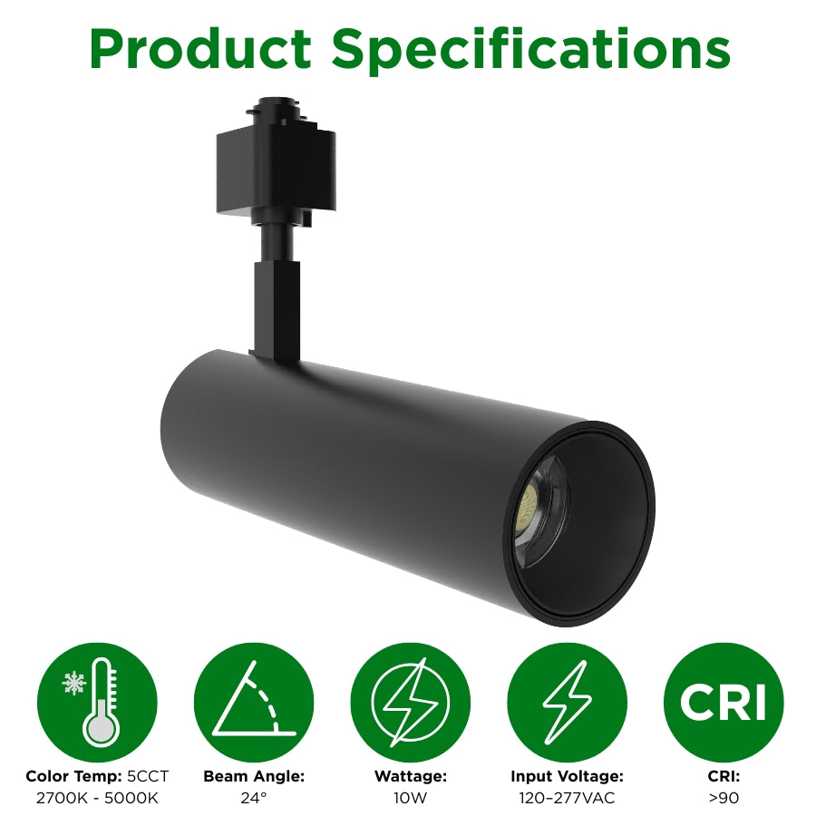 Product specifications of the black 10W LED track light featuring 5CCT selectable, 24° beam angle, CRI 90+, and 120-277V input.