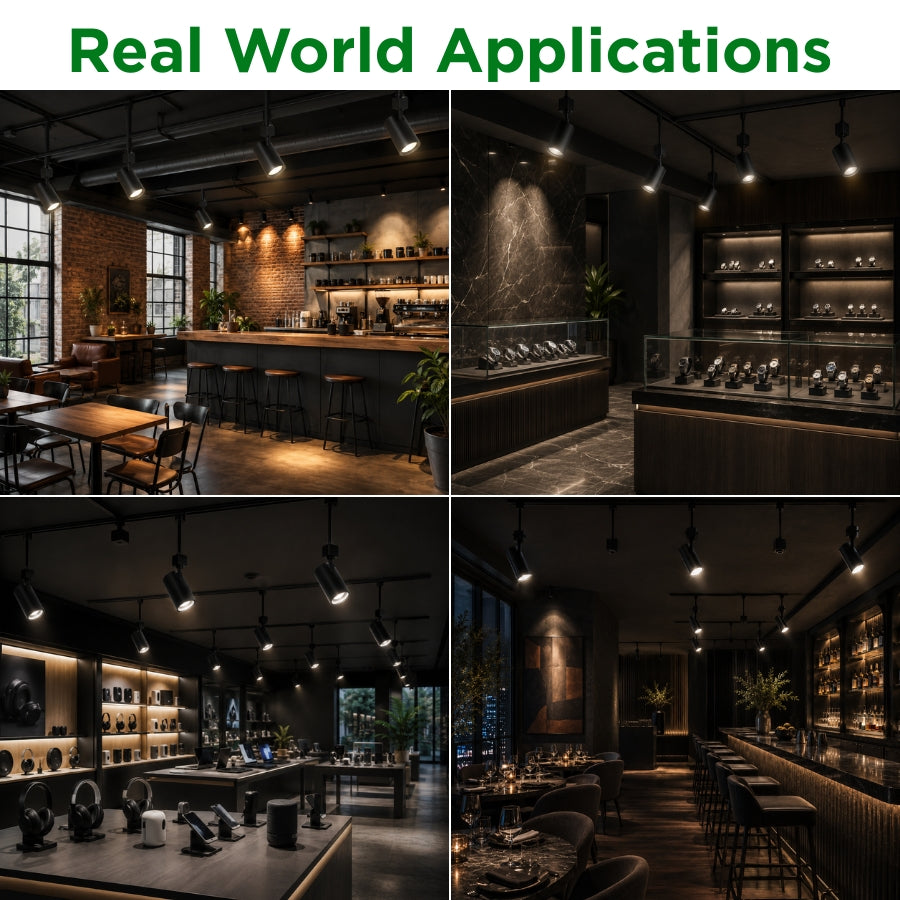 Black LED track light used in restaurants, cafés, retail stores, jewelry shops, and modern commercial interiors.