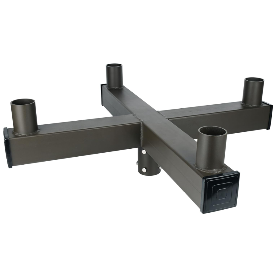 Black metal bracket with four cylindrical protrusions on a white background