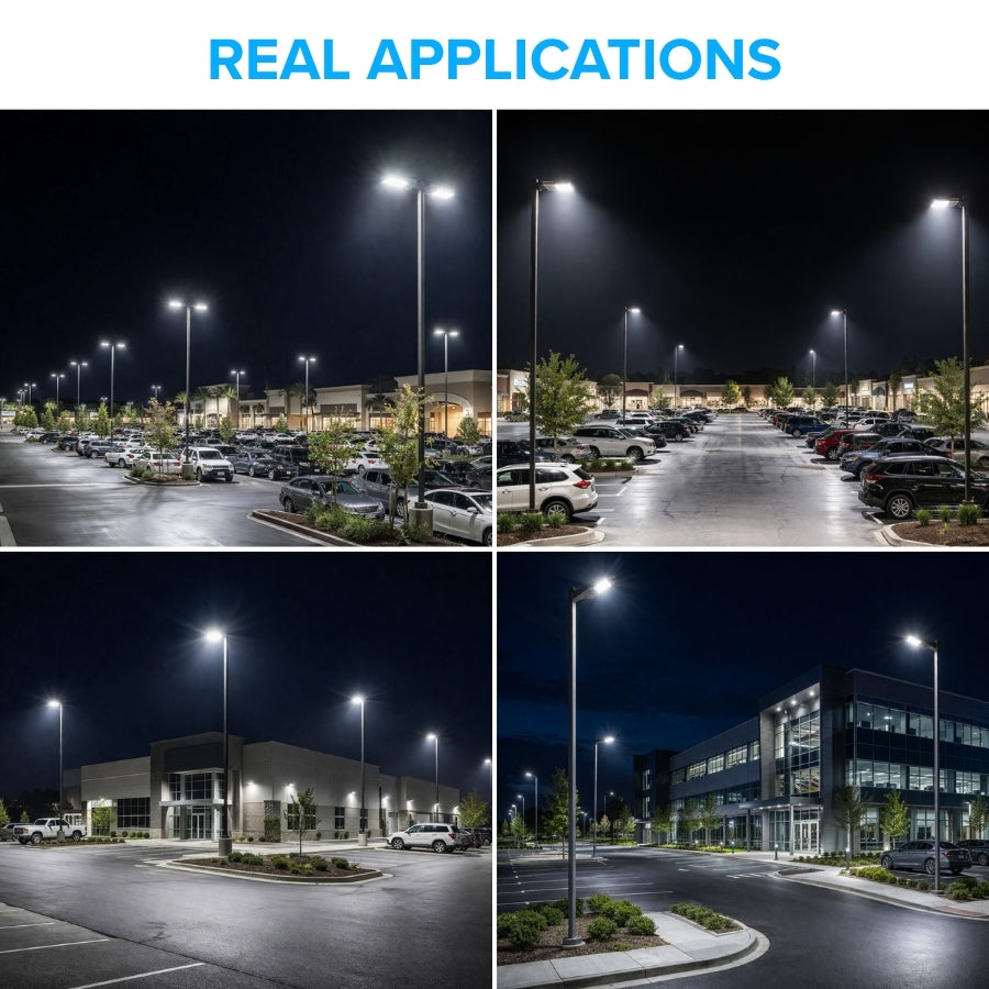 Bronze LED parking lot lights installed in commercial outdoor areas and large parking lots at night.