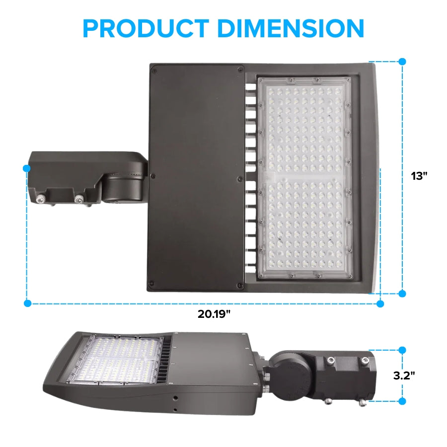 Dimension diagram of bronze LED shoebox parking lot light with detailed measurements.
