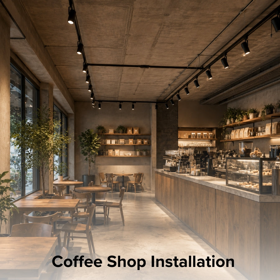 Stylish coffee shop equipped with black single circuit track lighting and an inline center power feed connector, providing continuous lighting for dining areas, counters, and display shelves.