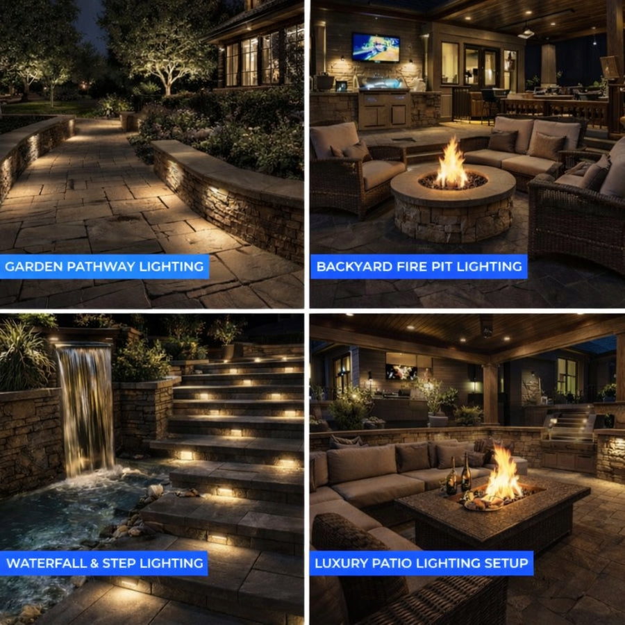 Collage of outdoor lighting features including a garden pathway, backyard fire pit, waterfall, and patio setup.
