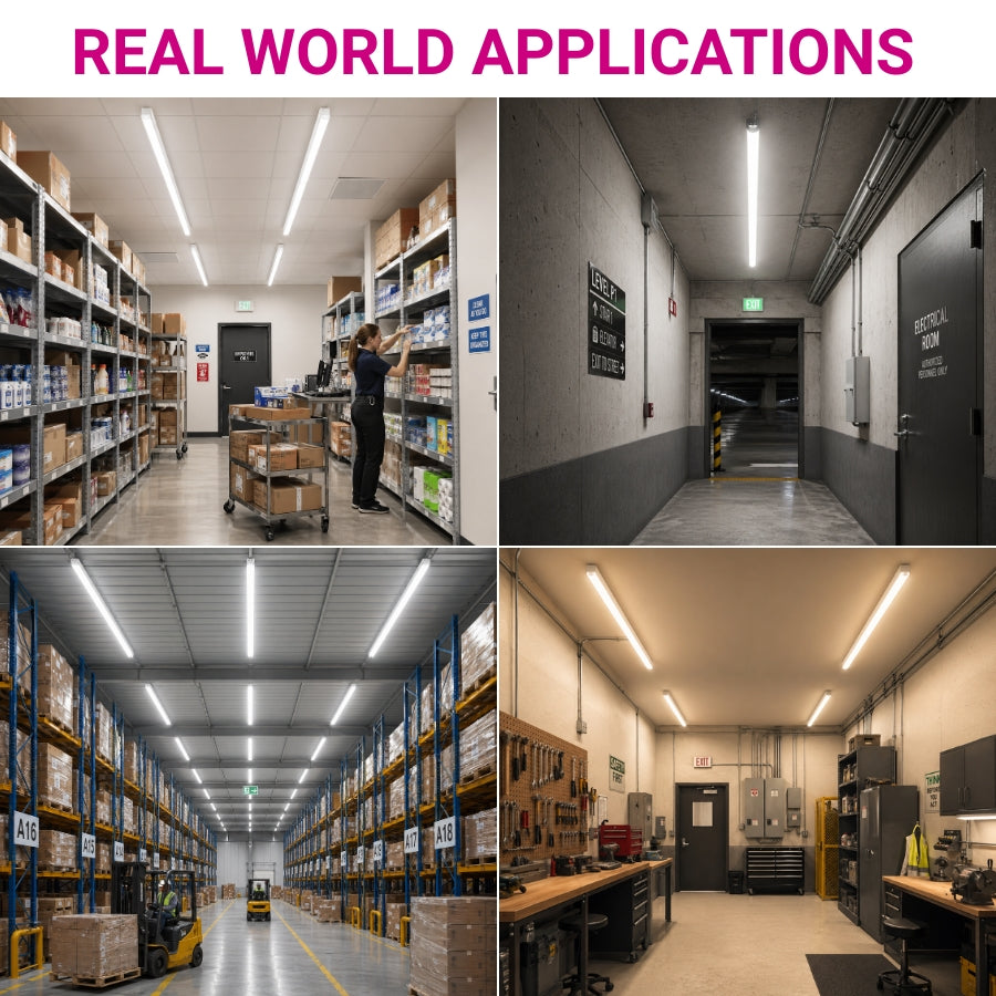 Collage of warehouse and office interior scenes with text 'Real World Applications'.