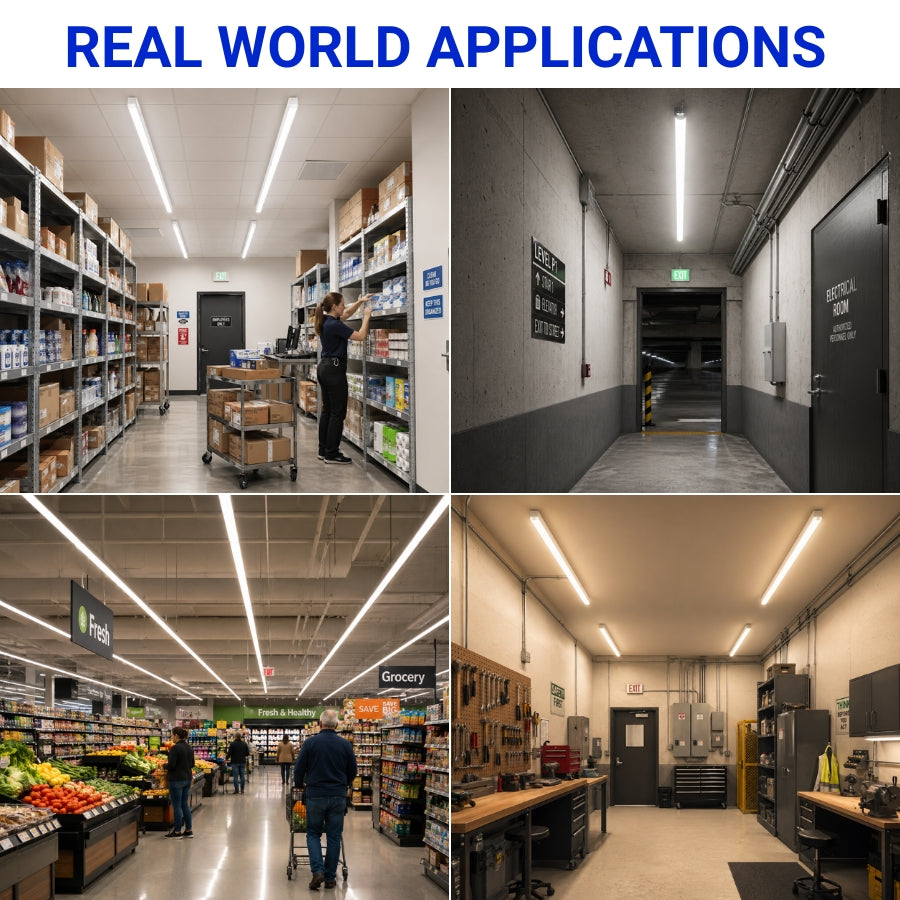 Collage of warehouse, grocery store, and office interior scenes with text 'Real World Applications'.
