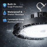 Commercial-grade LED high-bay light with features listed on a dark background