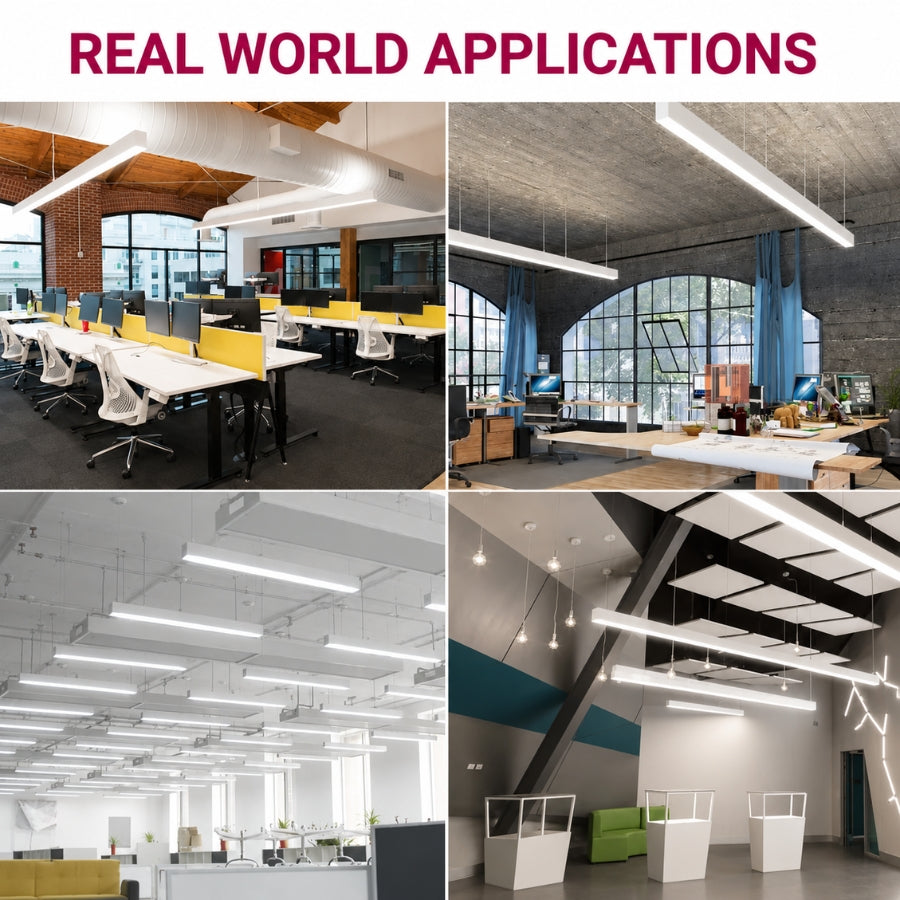 Modern office and commercial interiors illuminated with suspended 4ft white LED linear light fixtures.