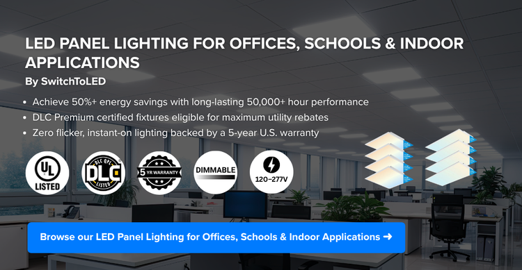 Commercial LED panel lights for office ceiling grid with DLC premium certification and 5-year warranty