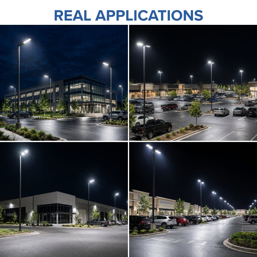 Commercial LED parking lot light applications for outdoor area and street lighting at switchtoled.com