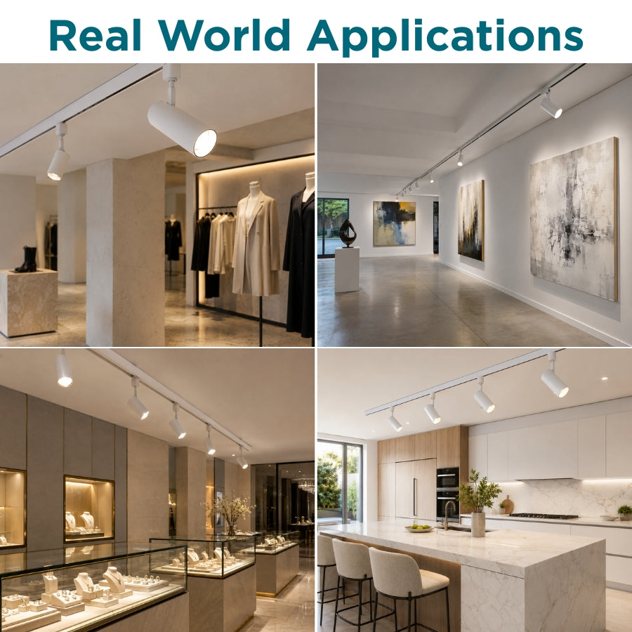 LED track light installed in retail stores, galleries, jewelry shops, and modern kitchens for accent lighting.