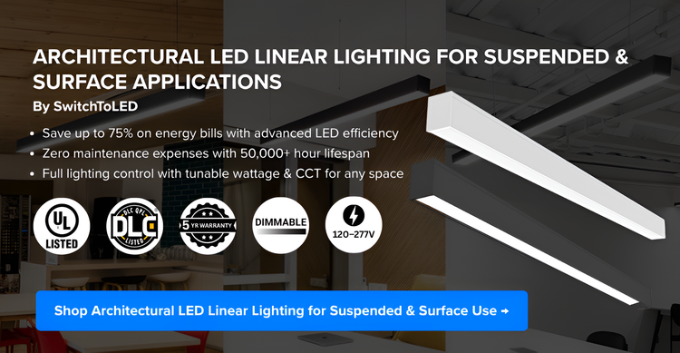 Commercial architectural LED linear lights suspended and surface mounted energy efficient dimmable fixtures UL DLC certified