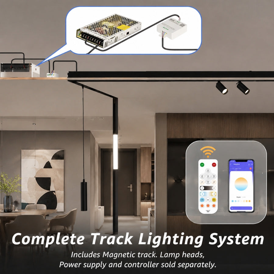 Smart 24V magnetic track lighting system diagram showing recessed magnetic track, LED driver, controller, and app with remote control for customizable lighting installation.