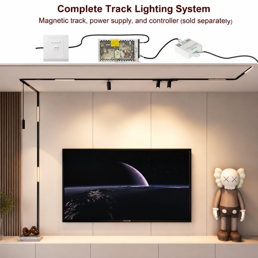 Complete 24V magnetic track lighting system showing magnetic grille light, power supply, controller, and track components required for a fully integrated smart lighting installation.