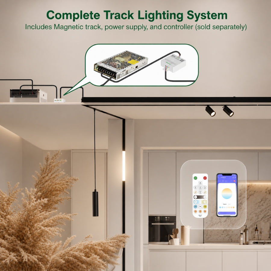 Complete magnetic track lighting system showing track rail, power supply, controller, smart remote, and mobile app integration for seamless dimmable lighting control.
