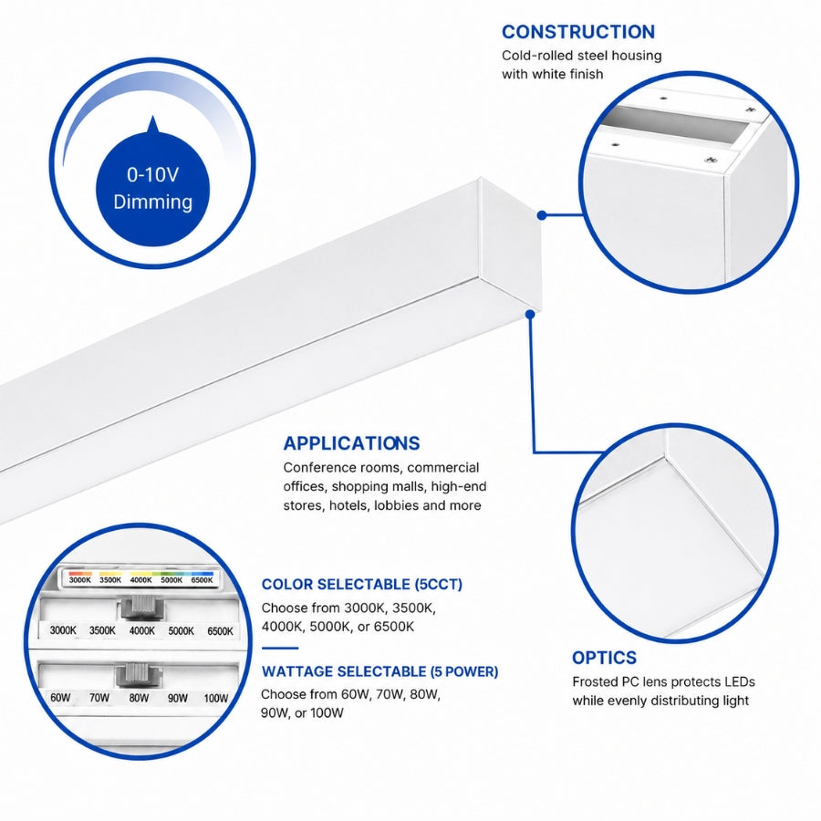 White LED linear light showing steel housing, 5CCT adjustment, wattage selection, and frosted diffuser.