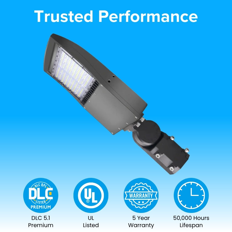 Bronze LED area light with DLC 5.1 premium, UL certification, and 5-year warranty badges.