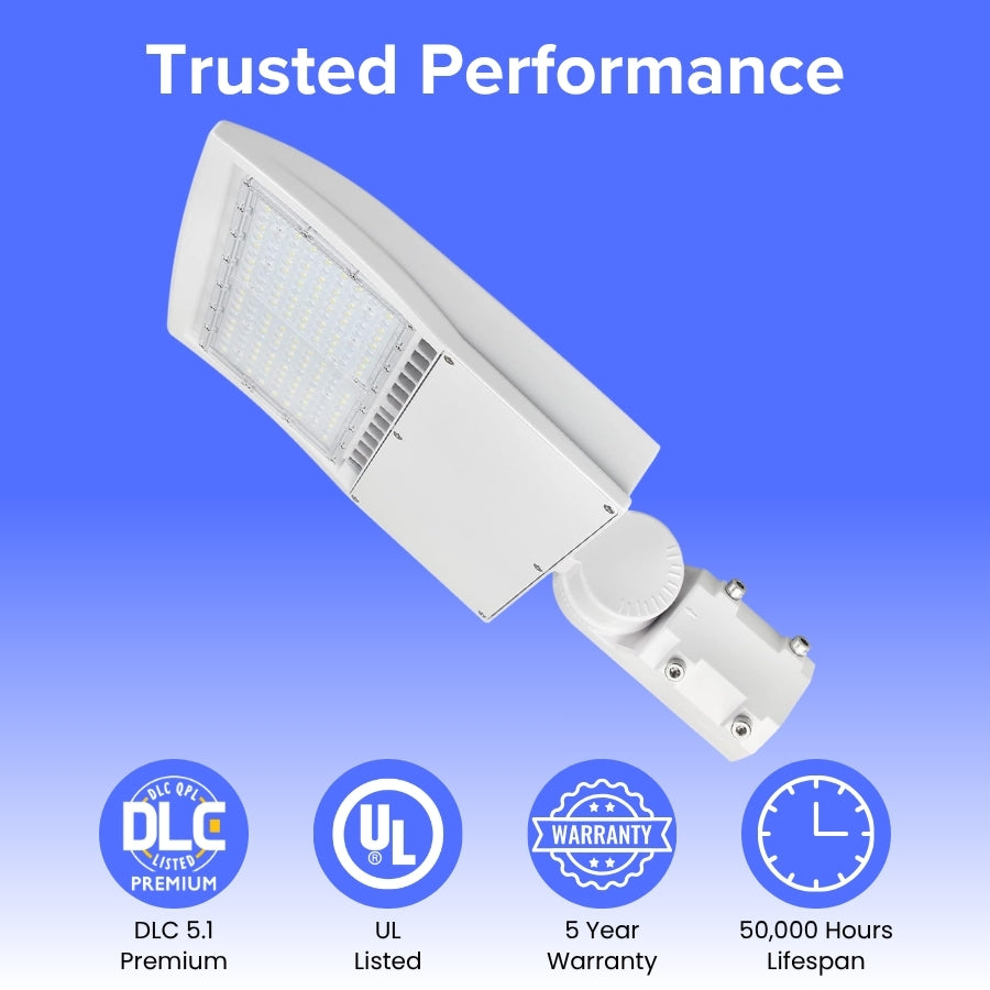 Certified LED parking lot light with DLC, UL listing, and 5-year warranty icons.