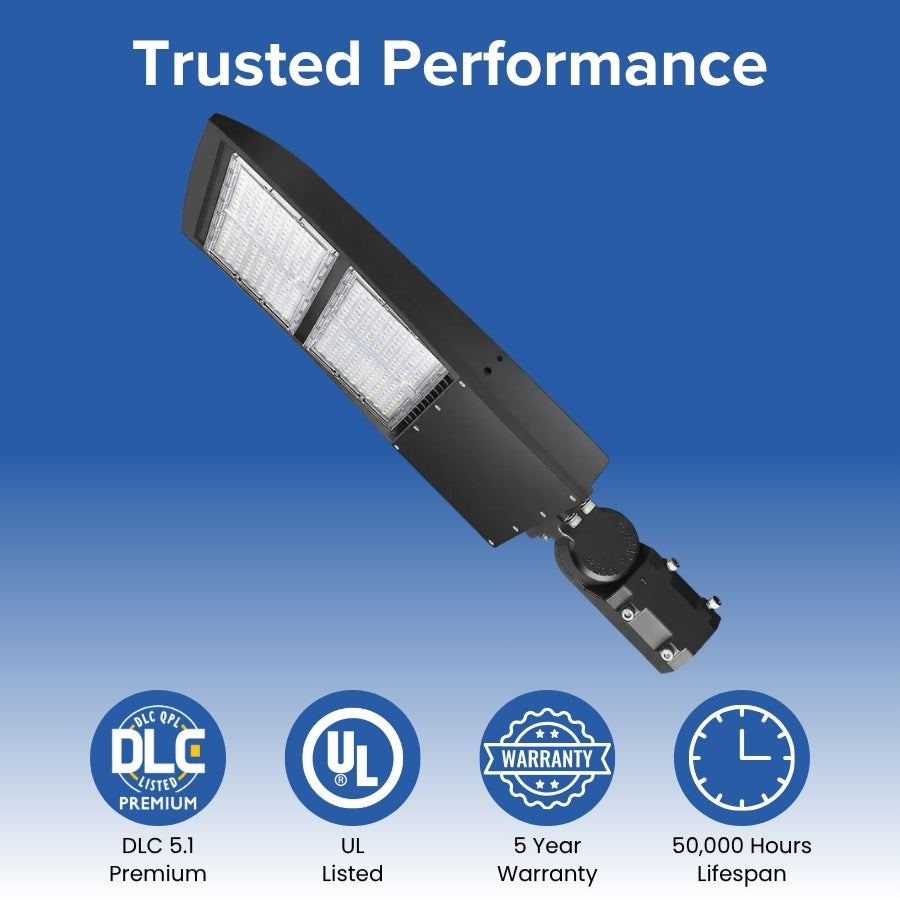 DLC 5.1 premium UL listed LED parking lot light with 5 year warranty at switchtoled.com