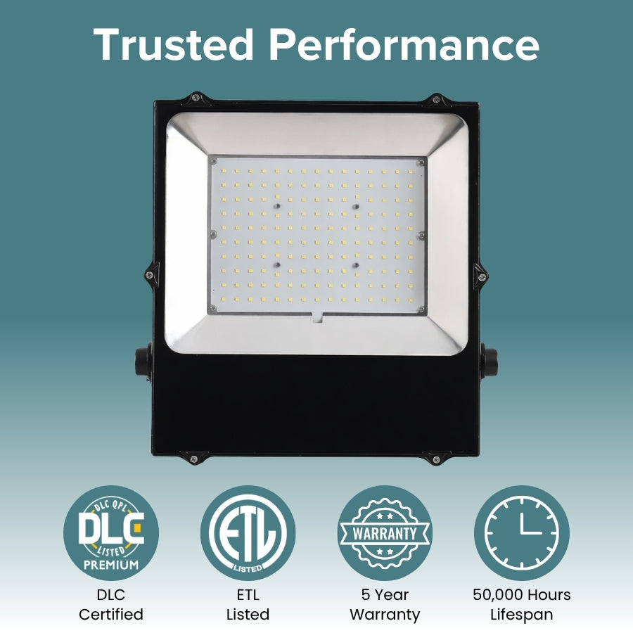 DLC ETL Listed LED flood light 5 year warranty 50000 hour lifespan commercial lighting