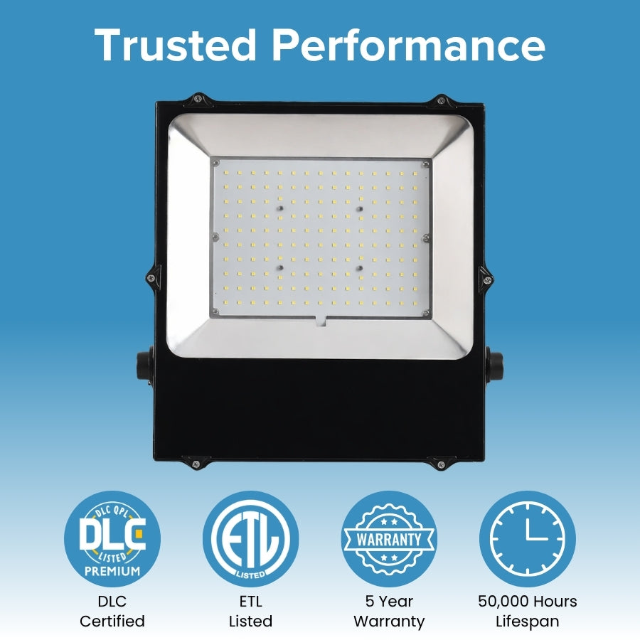 DLC ETL certified LED flood light 5 year warranty 50000 hour lifespan commercial lighting