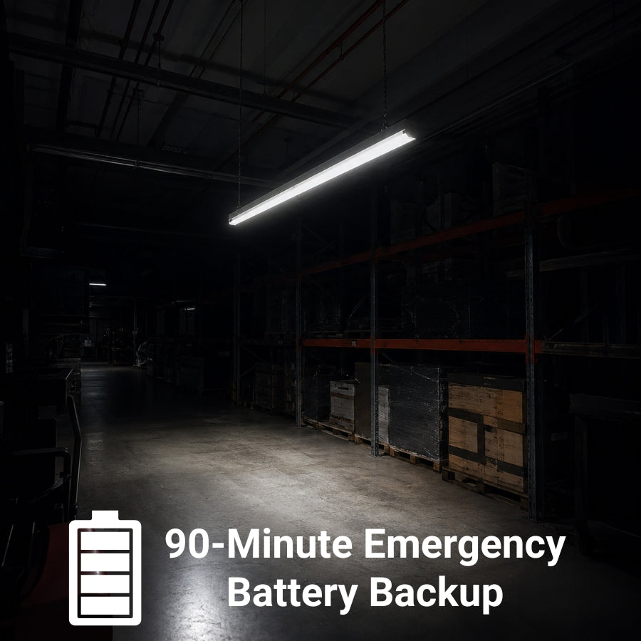 Dark warehouse with a light fixture and text indicating 90-minute emergency battery backup.