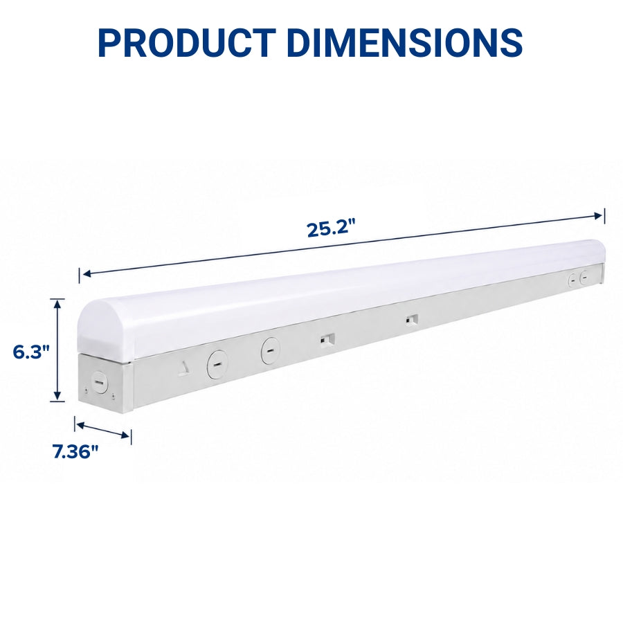 Dimensions of a LED linear light fixture on a white background