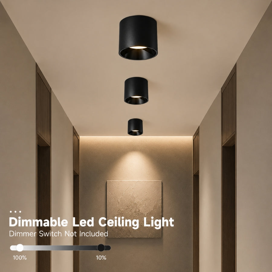 Black surface mount LED ceiling lights installed in a hallway, showcasing TRIAC dimmable brightness control from 100% to 10%.