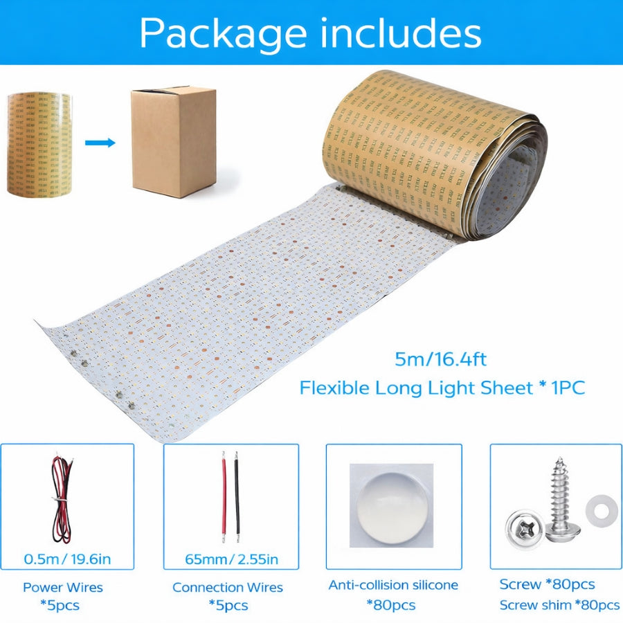 Product package with flexible long light sheet, power wires, connection wires, anti-collision silicone, and screws on a white background.