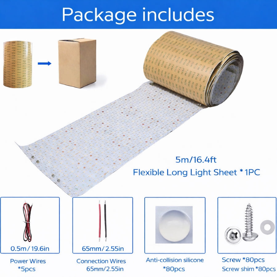 Product package with flexible long light sheet, power wires, connection wires, anti-collision silicone, and screws on a white background.
