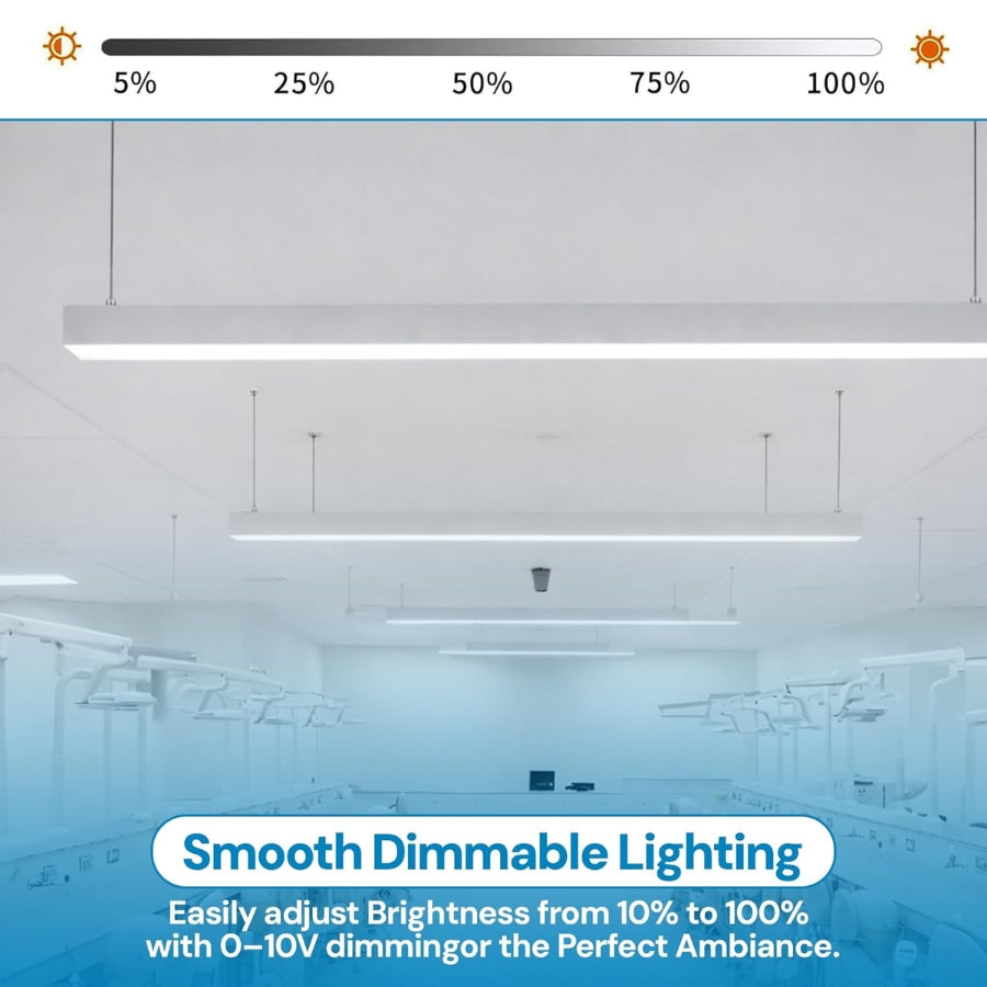 Adjustable brightness LED linear light with smooth dimming capability from low to high intensity, ideal for customizable indoor lighting environments.