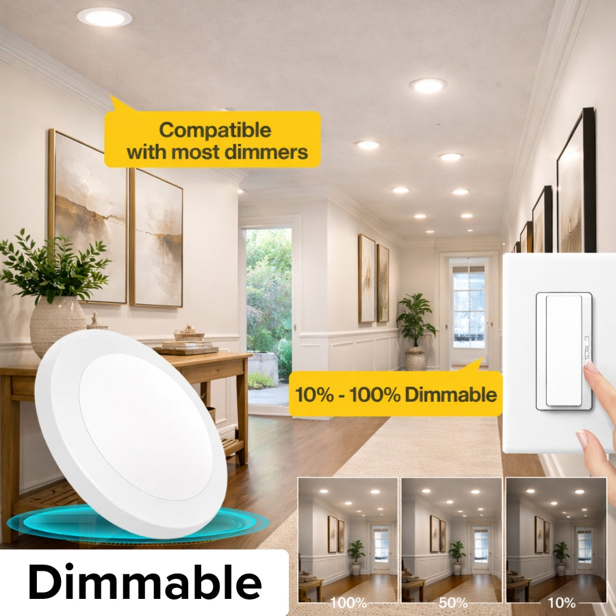Dimmable LED disc light compatible with most dimmers 10% to 100% smooth brightness control