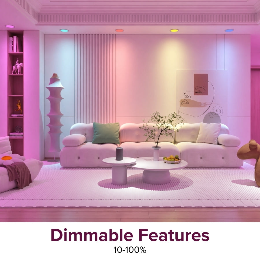 Modern living room with RGB lighting showing dimmable brightness control from 10% to 100%.