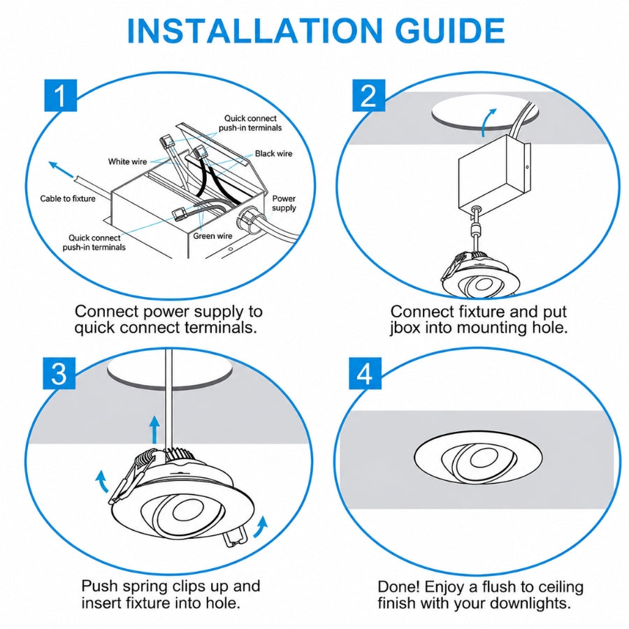 Step-by-step installation guide for mounting the 3-inch slim LED recessed ceiling light with junction box.