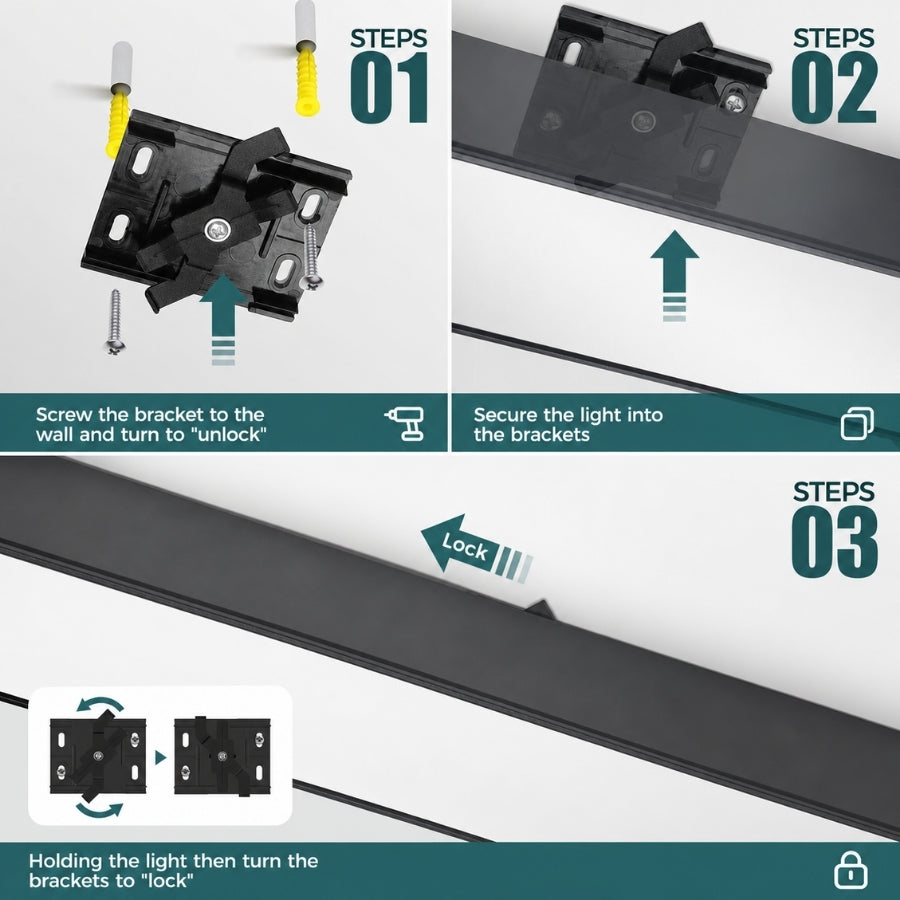 Step-by-step installation instructions for mounting and locking LED linear light fixture brackets.