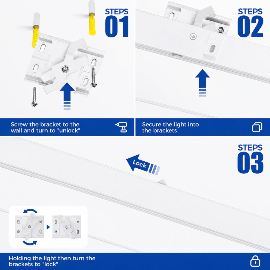 Step-by-step installation instructions for white LED linear pendant fixture.