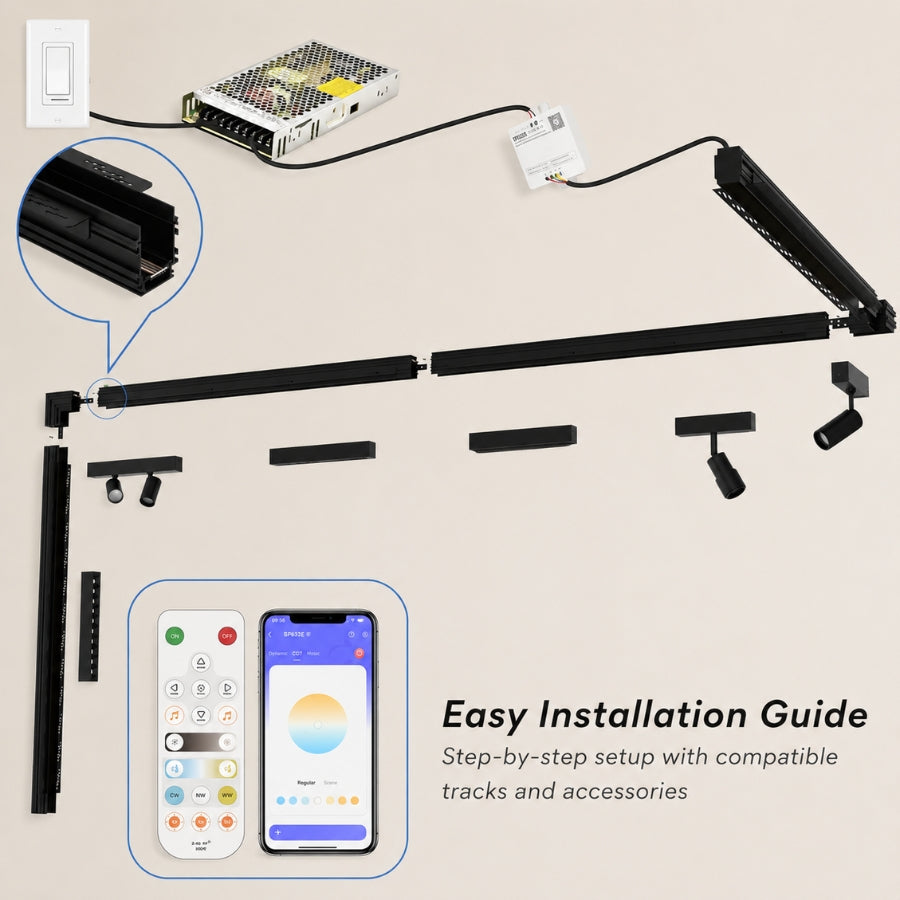 Step-by-step installation diagram for a recessed 4-wire magnetic track lighting system, including magnetic track rails, connectors, LED driver, smart controller, and lighting modules.