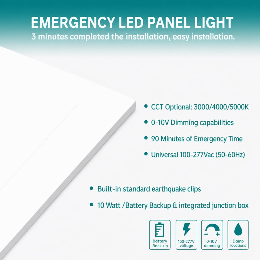 Feature overview of 2x4 LED panel light including selectable CCT, 0-10V dimming, 90-minute emergency operation, and universal voltage compatibility.
