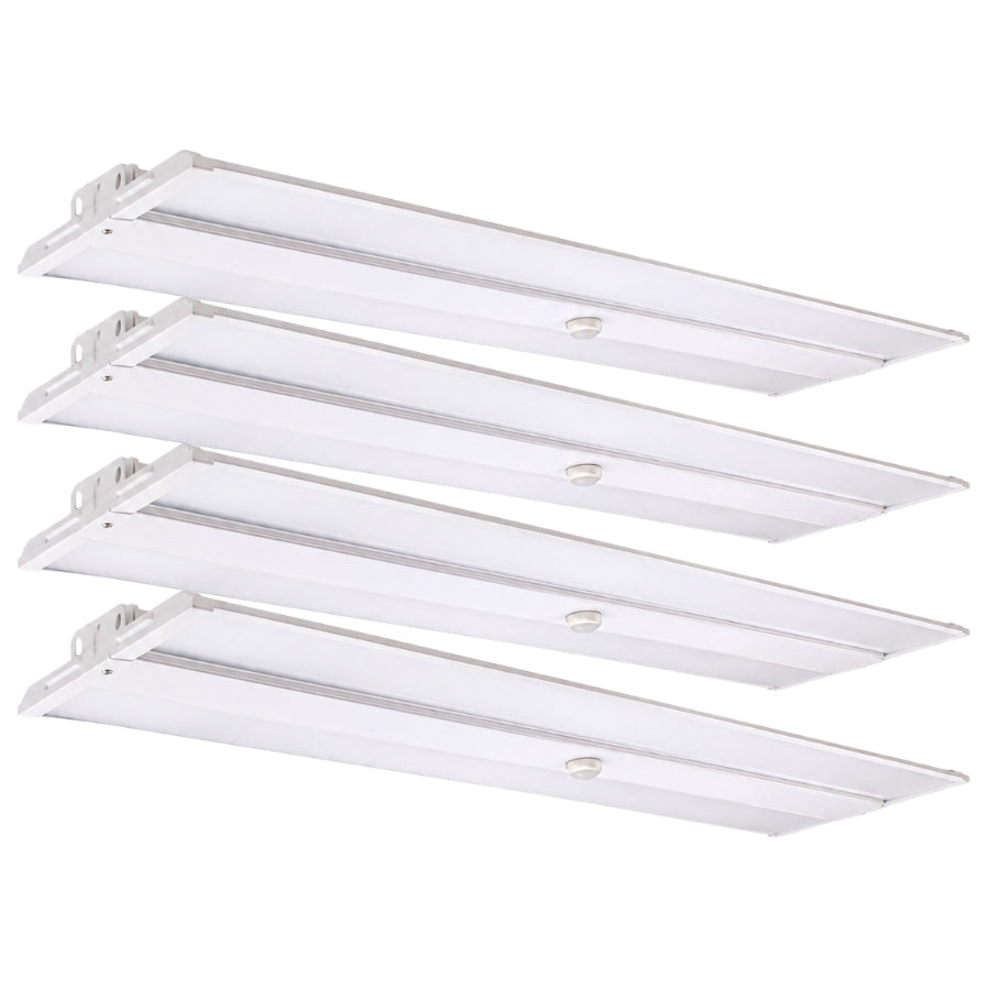 Four white 320w linear led high bay light fixture​ arranged in a staggered stack on a solid white background.
