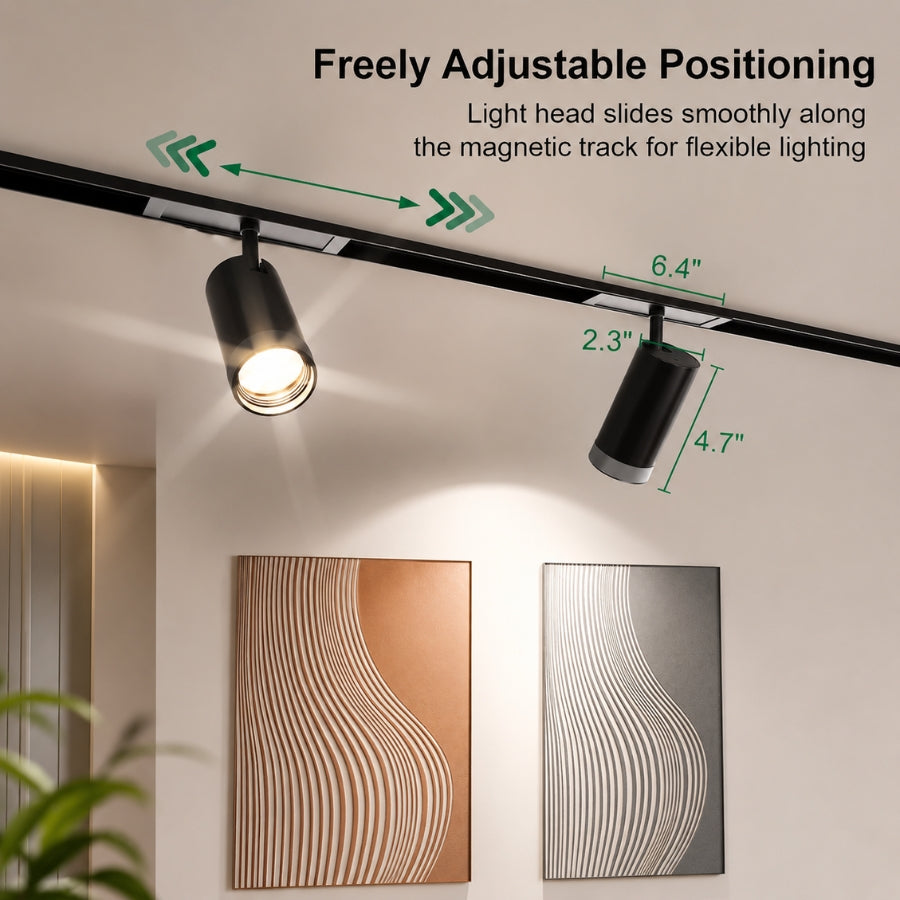 Adjustable magnetic LED spotlight sliding smoothly along a 24V magnetic track, featuring 360° rotation, precision beam positioning, and flexible lighting for residential and commercial spaces.