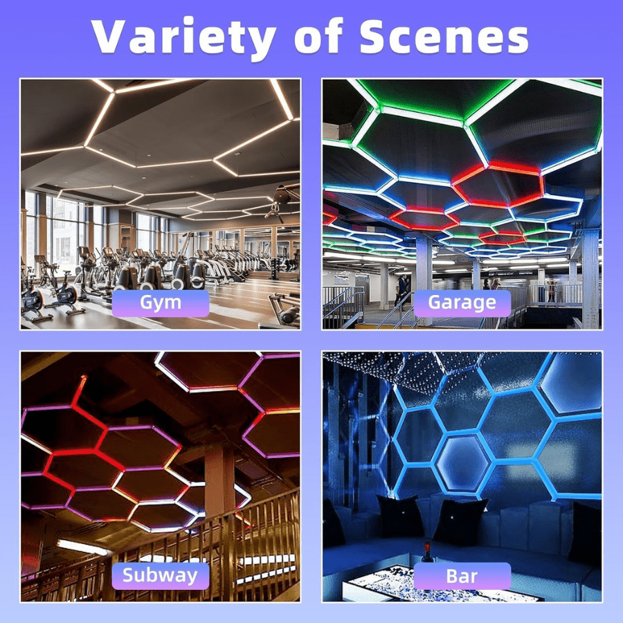 Hexagon Garage Lights RGB used in gy, garage, subway bar. Shop at switchtoled.com