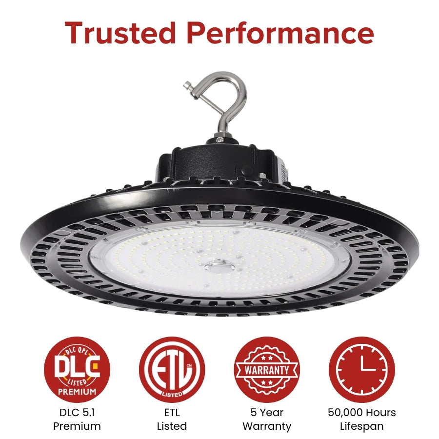 High-bay LED light fixture with certifications and specifications on a white background
