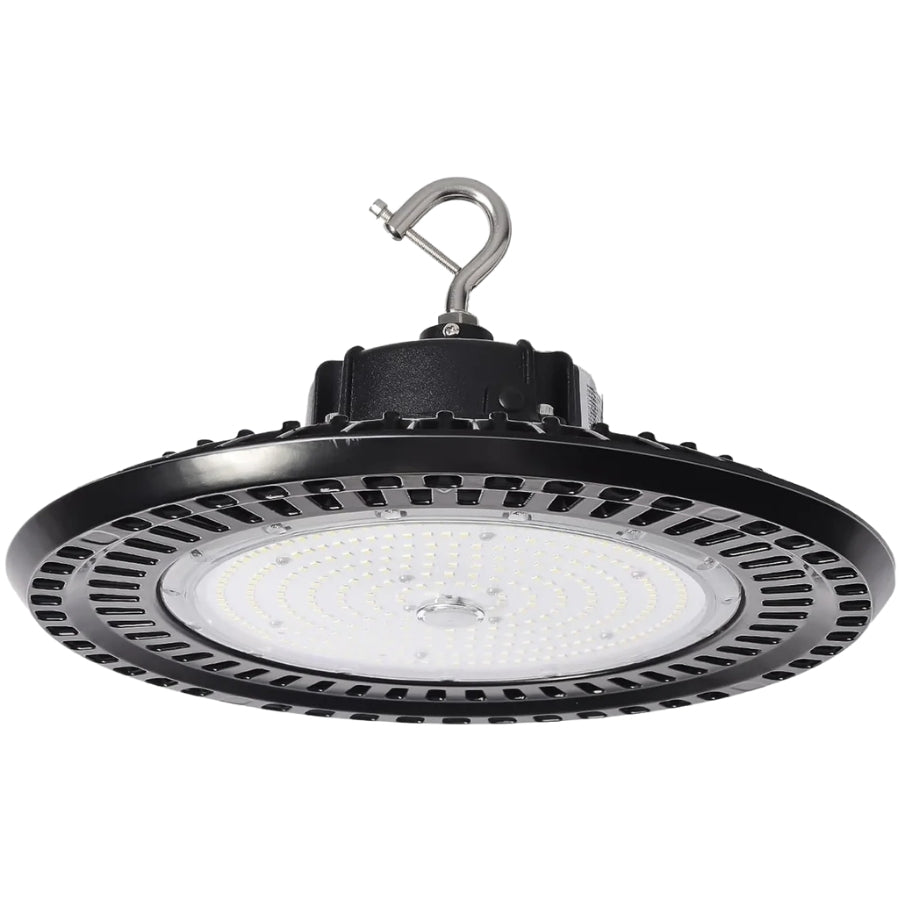 High-bay industrial light fixture on a white background
