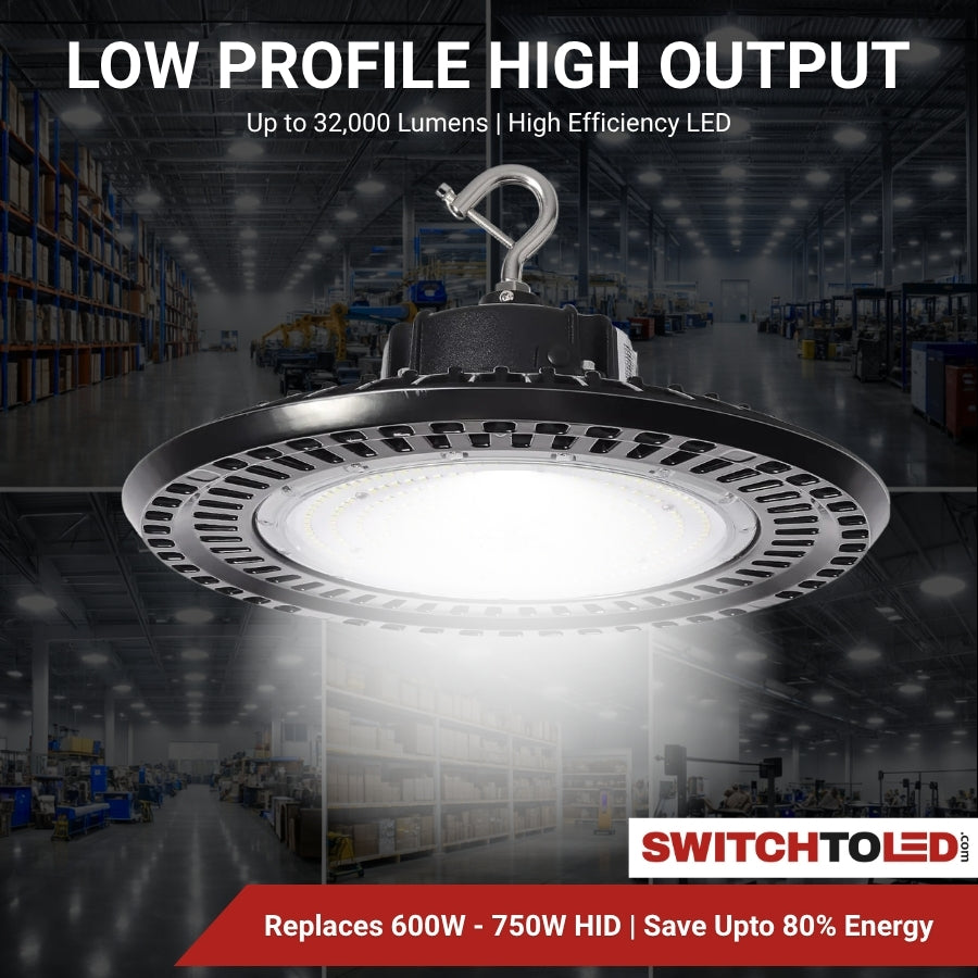 High-efficiency LED light fixture in a warehouse setting with text highlighting features.