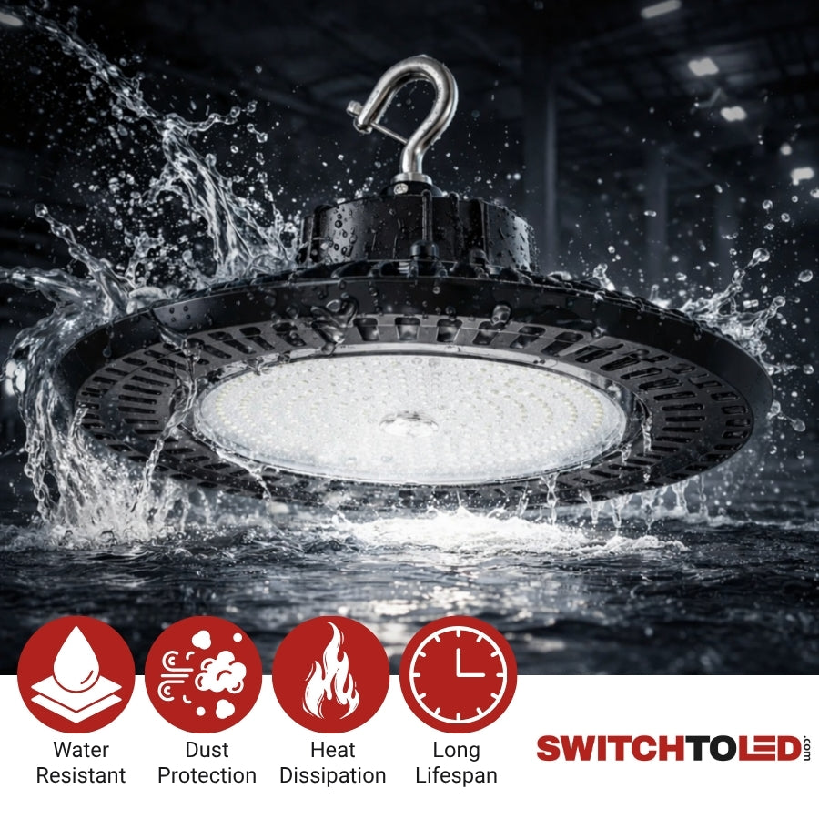High-intensity industrial light with water splashes around it, featuring SwitchToLED branding.