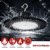 High-intensity industrial light with water splashes around it, featuring SwitchToLED branding.