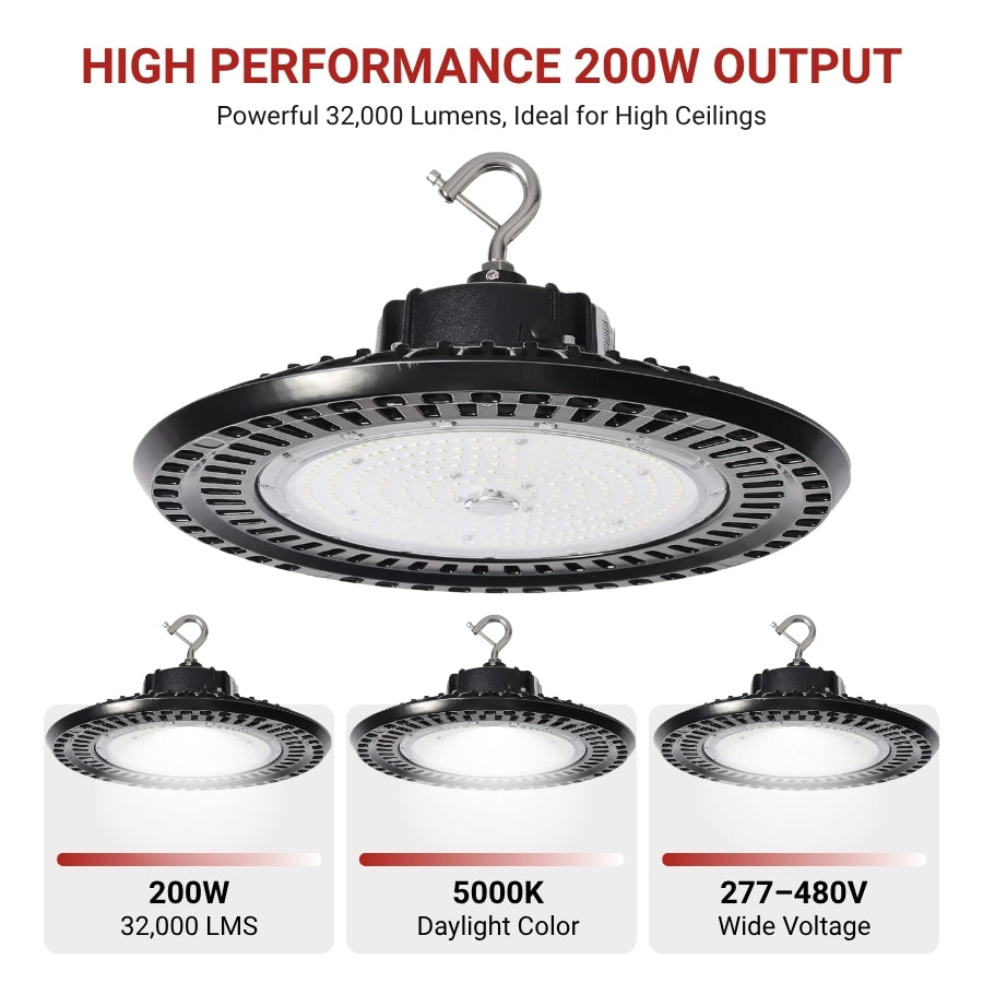High-performance 200W LED UFO light with specifications on a white background