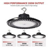 High-performance 200W LED UFO light with specifications on a white background