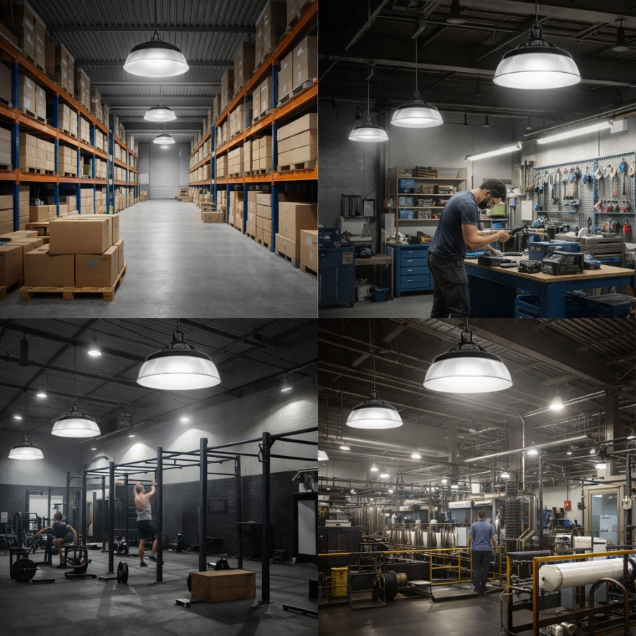 Collage of warehouse and gym environments with High Bay Acrylic Reflector for UFO High Bay.